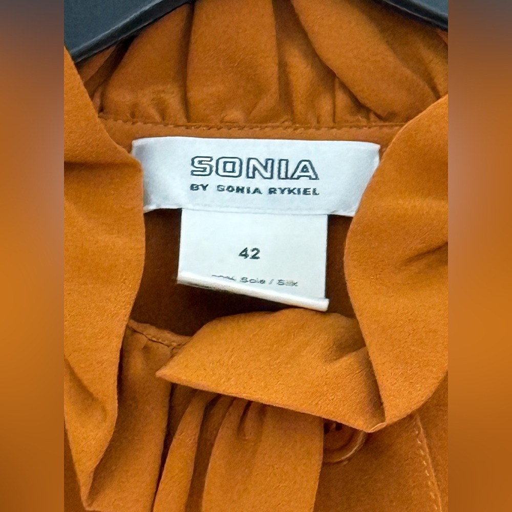 Sonia by Sonia Rykiel burnt orange short sleeve silk dress w/ ruffle collar - Picture 2 of 10